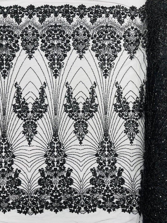 DAMASK  - BLACK - Designs Embroider with Sequins and Heavy Beaded on a Mesh Lace Fabric - Sold By The Yard