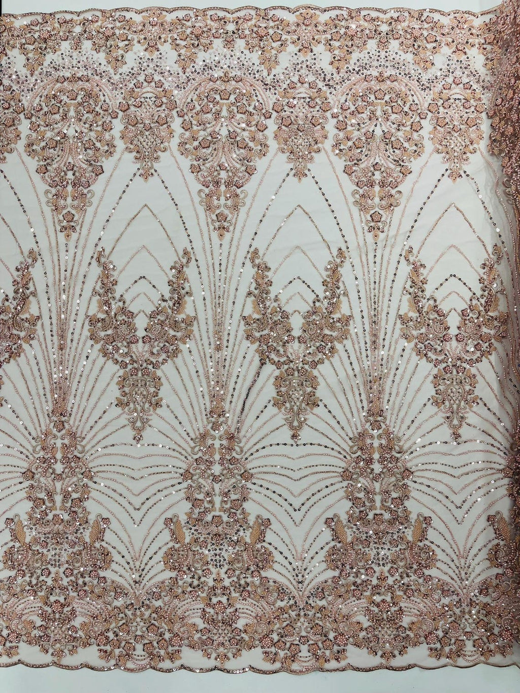 DAMASK  - BLUSH - Designs Embroider with Sequins and Heavy Beaded on a Mesh Lace Fabric - Sold By The Yard