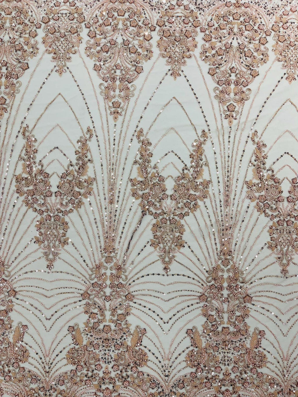 DAMASK  - BLUSH - Designs Embroider with Sequins and Heavy Beaded on a Mesh Lace Fabric - Sold By The Yard