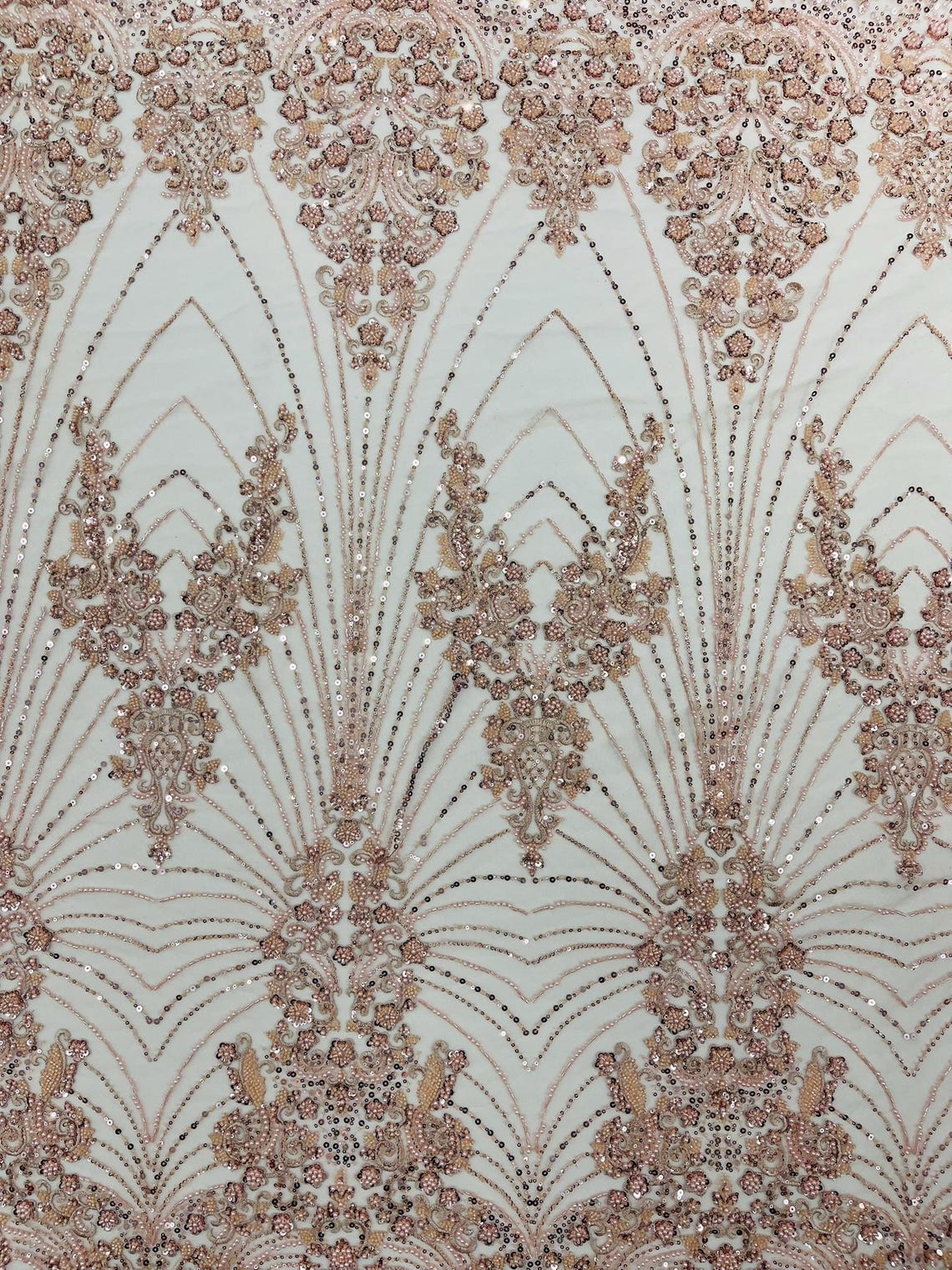 DAMASK  - BLUSH - Designs Embroider with Sequins and Heavy Beaded on a Mesh Lace Fabric - Sold By The Yard