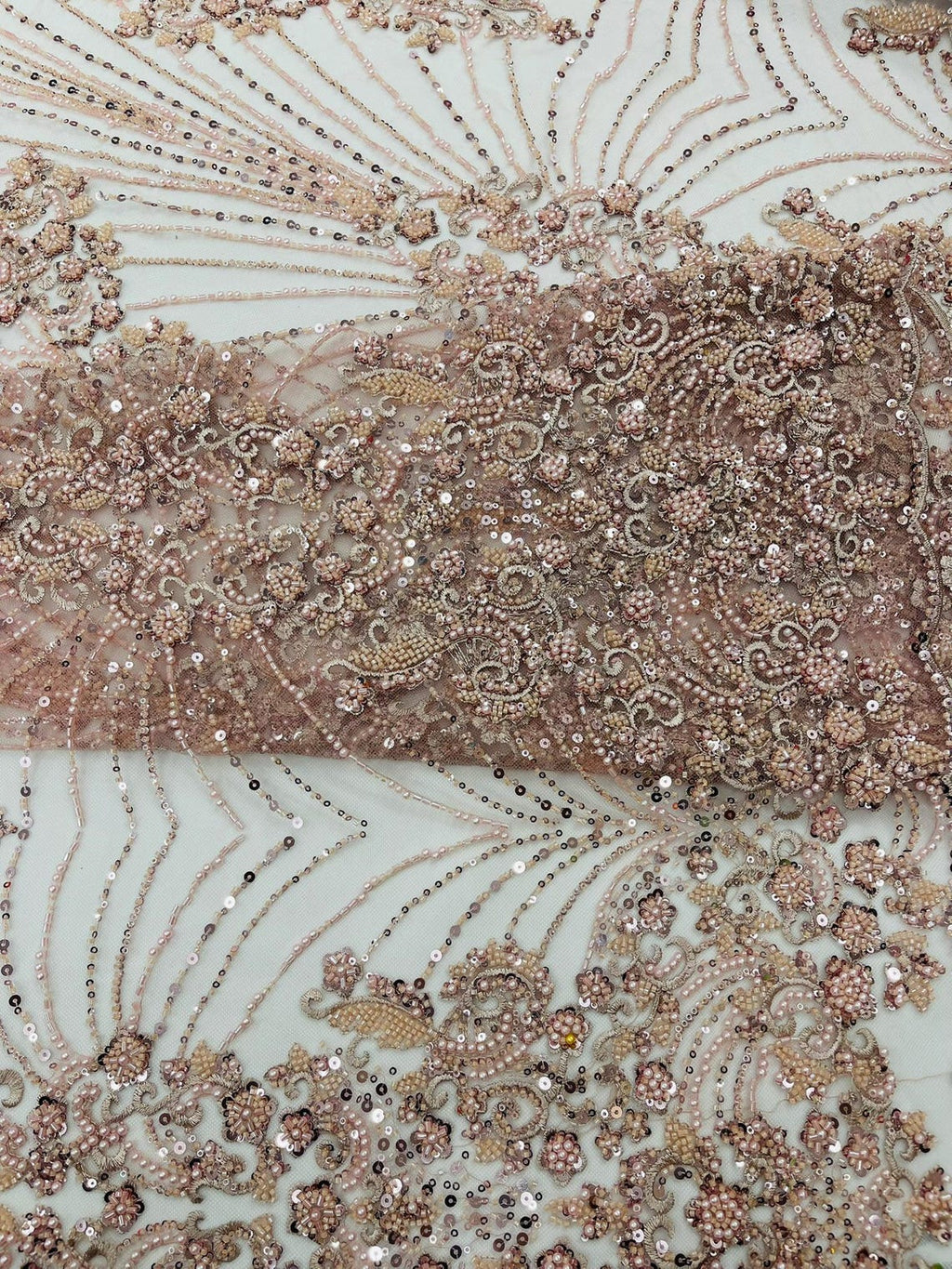 DAMASK  - BLUSH - Designs Embroider with Sequins and Heavy Beaded on a Mesh Lace Fabric - Sold By The Yard
