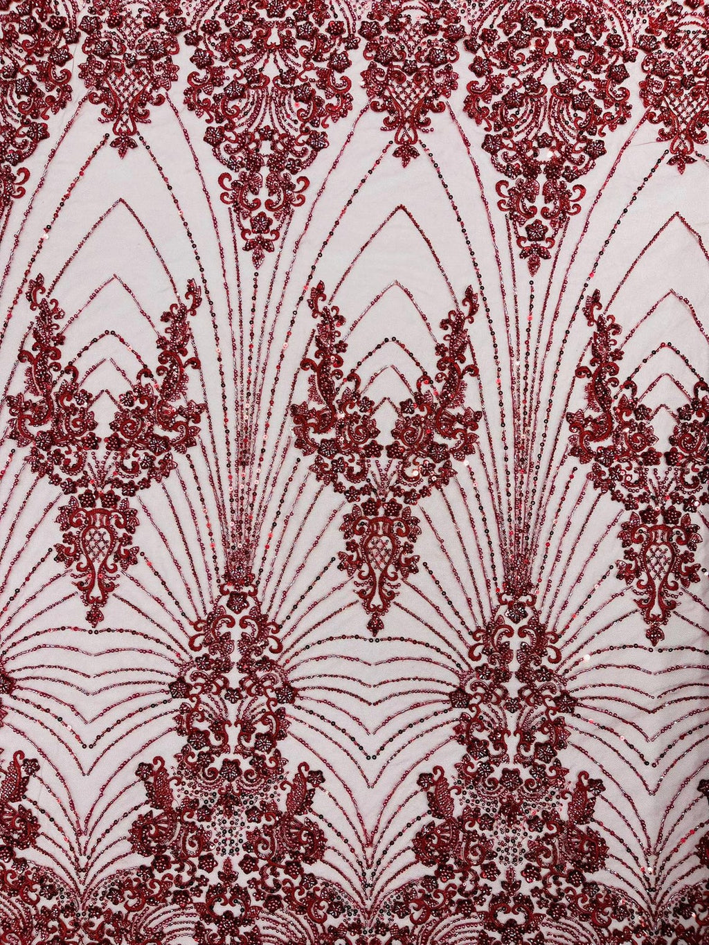 DAMASK  - BURGUNDY - Designs Embroider with Sequins and Heavy Beaded on a Mesh Lace Fabric - Sold By The Yard
