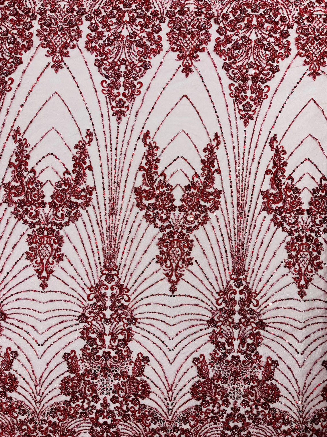 DAMASK  - BURGUNDY - Designs Embroider with Sequins and Heavy Beaded on a Mesh Lace Fabric - Sold By The Yard