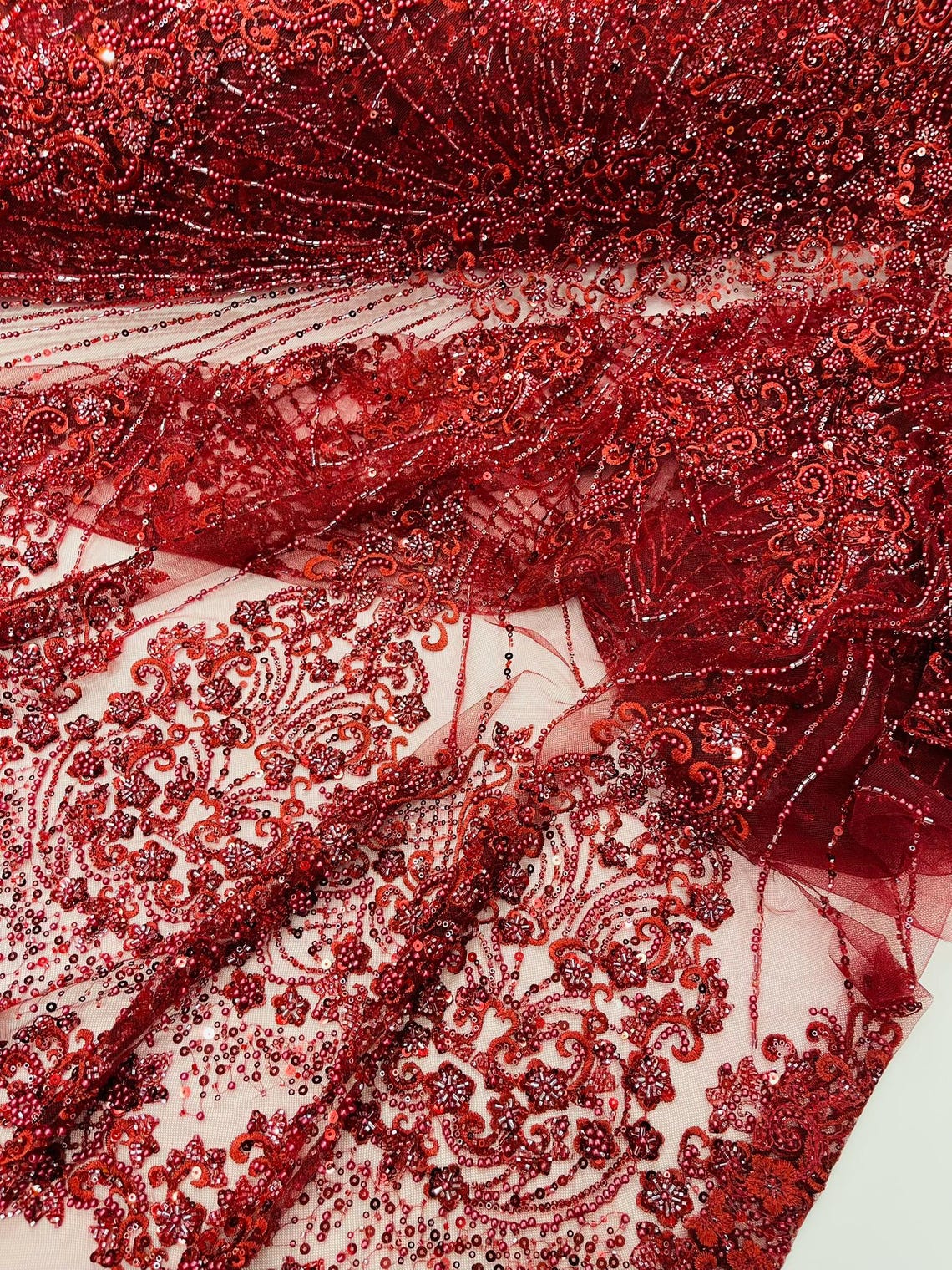 DAMASK  - BURGUNDY - Designs Embroider with Sequins and Heavy Beaded on a Mesh Lace Fabric - Sold By The Yard