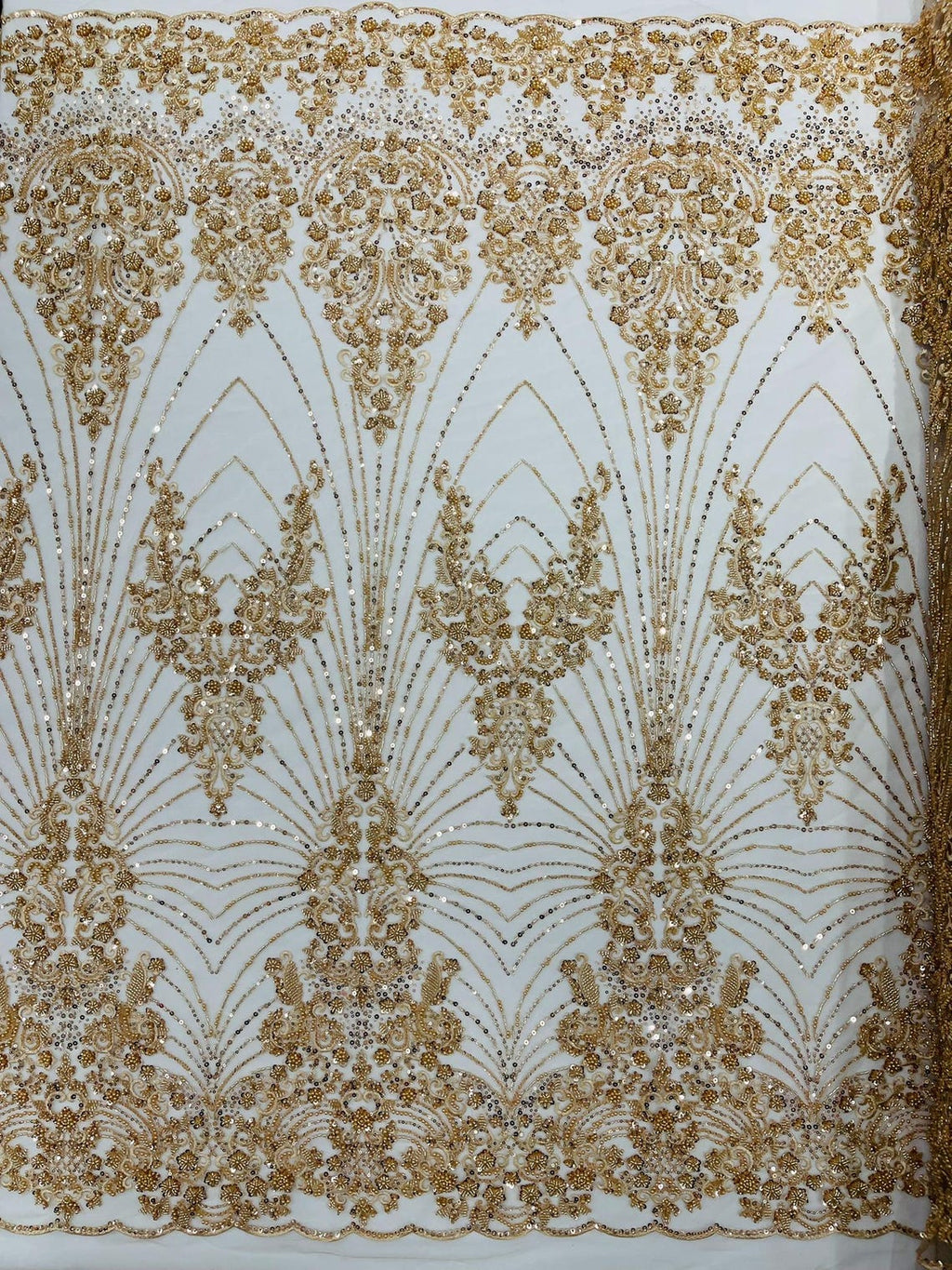 DAMASK  - CHAMPAGNE - Designs Embroider with Sequins and Heavy Beaded on a Mesh Lace Fabric - Sold By The Yard