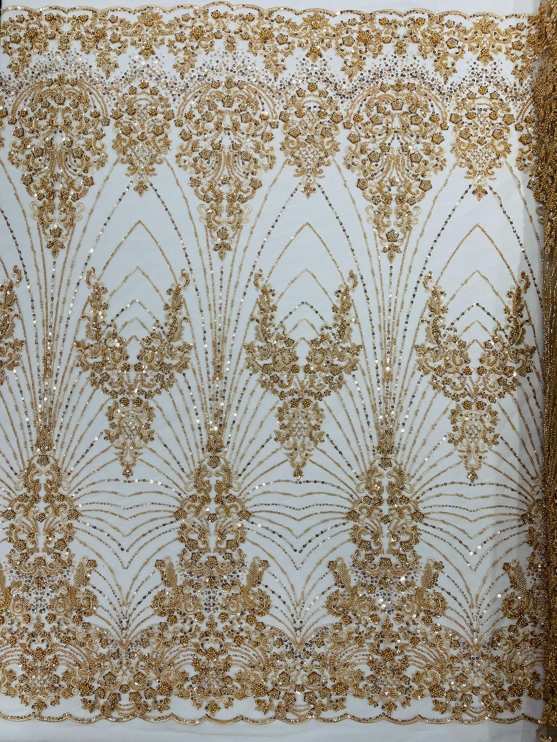 DAMASK  - CHAMPAGNE - Designs Embroider with Sequins and Heavy Beaded on a Mesh Lace Fabric - Sold By The Yard