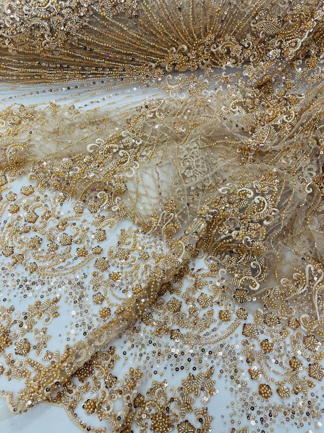 DAMASK  - CHAMPAGNE - Designs Embroider with Sequins and Heavy Beaded on a Mesh Lace Fabric - Sold By The Yard