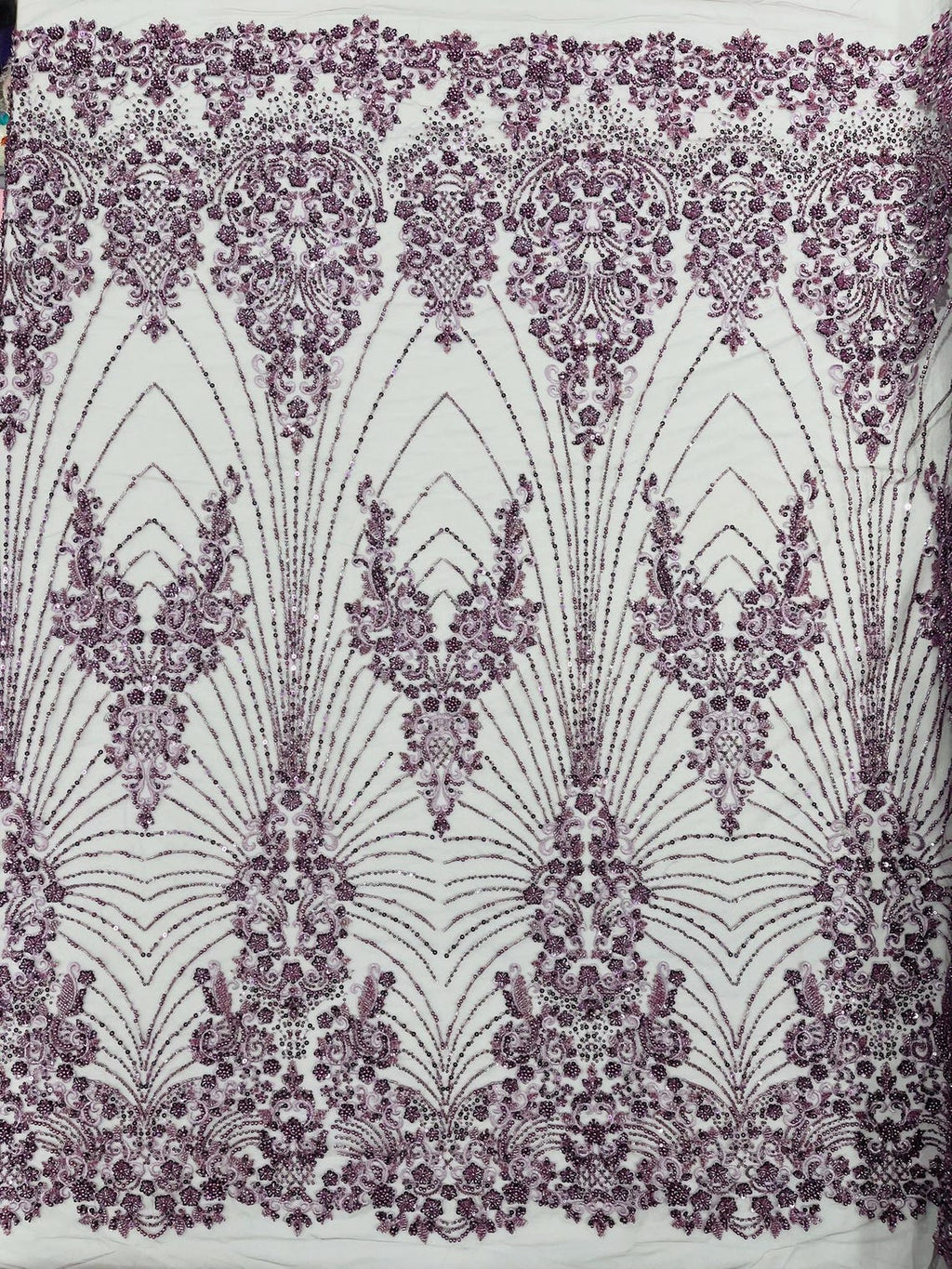 DAMASK  - DK LILAC - Designs Embroider with Sequins and Heavy Beaded on a Mesh Lace Fabric - Sold By The Yard