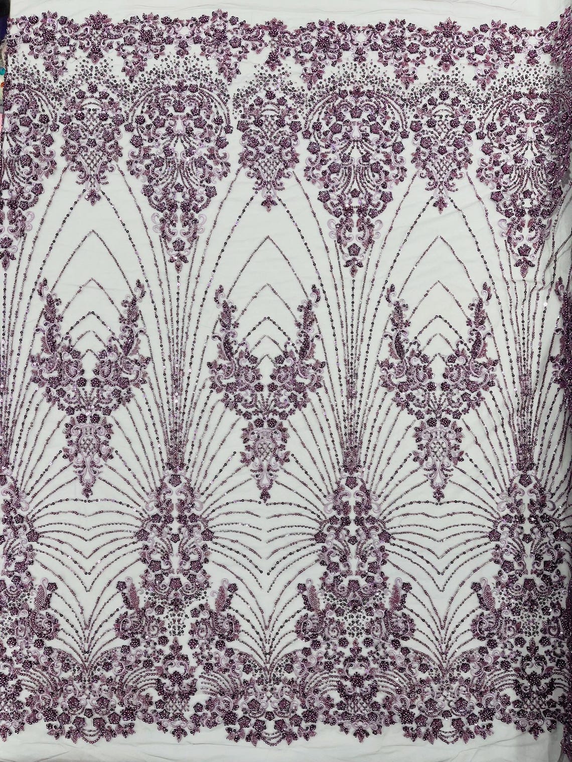 DAMASK  - DK LILAC - Designs Embroider with Sequins and Heavy Beaded on a Mesh Lace Fabric - Sold By The Yard