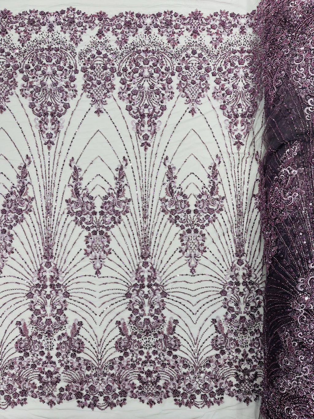 DAMASK  - DK LILAC - Designs Embroider with Sequins and Heavy Beaded on a Mesh Lace Fabric - Sold By The Yard