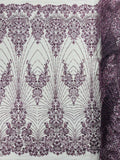 DAMASK  - DK LILAC - Designs Embroider with Sequins and Heavy Beaded on a Mesh Lace Fabric - Sold By The Yard