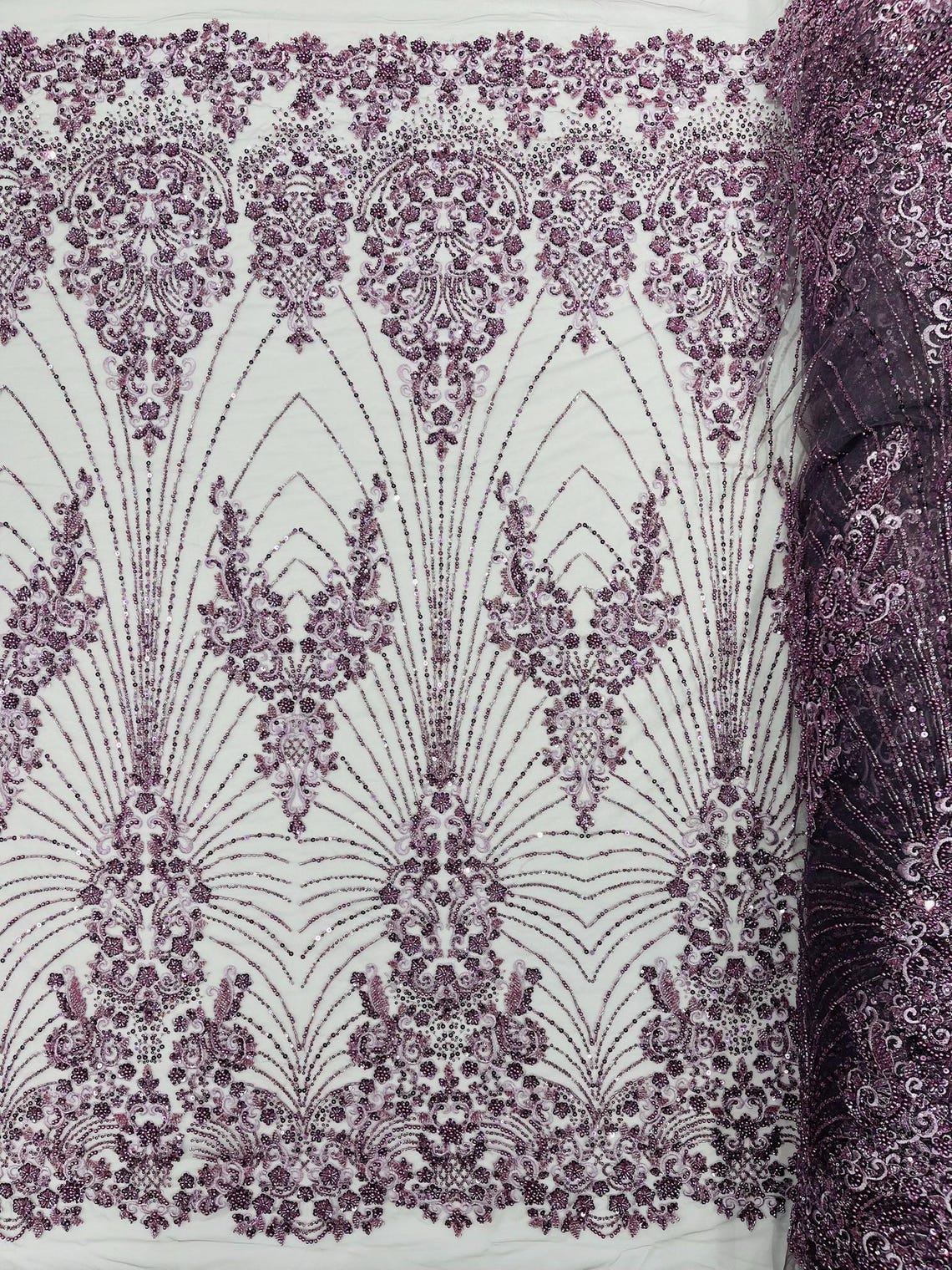 DAMASK  - DK LILAC - Designs Embroider with Sequins and Heavy Beaded on a Mesh Lace Fabric - Sold By The Yard