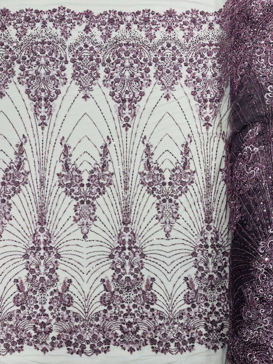 DAMASK  - DK LILAC - Designs Embroider with Sequins and Heavy Beaded on a Mesh Lace Fabric - Sold By The Yard