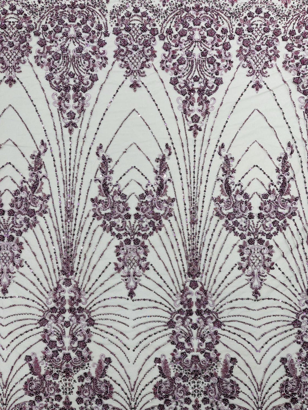DAMASK  - DK LILAC - Designs Embroider with Sequins and Heavy Beaded on a Mesh Lace Fabric - Sold By The Yard