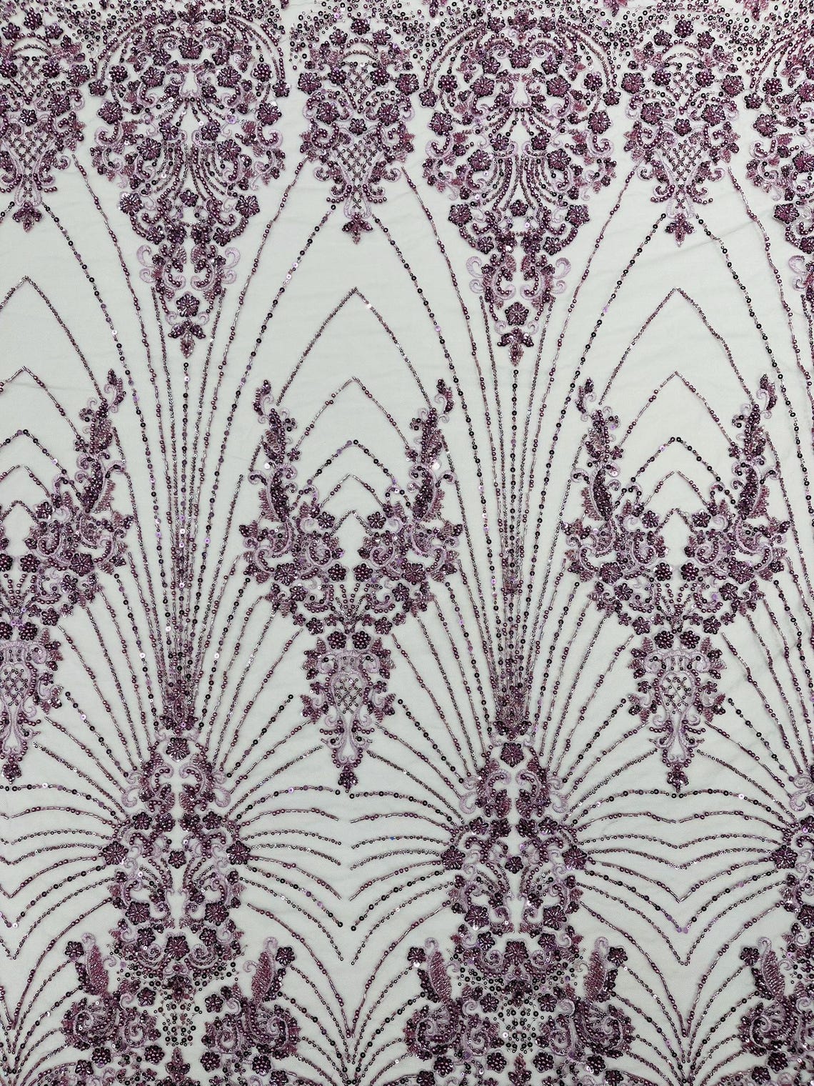 DAMASK  - DK LILAC - Designs Embroider with Sequins and Heavy Beaded on a Mesh Lace Fabric - Sold By The Yard