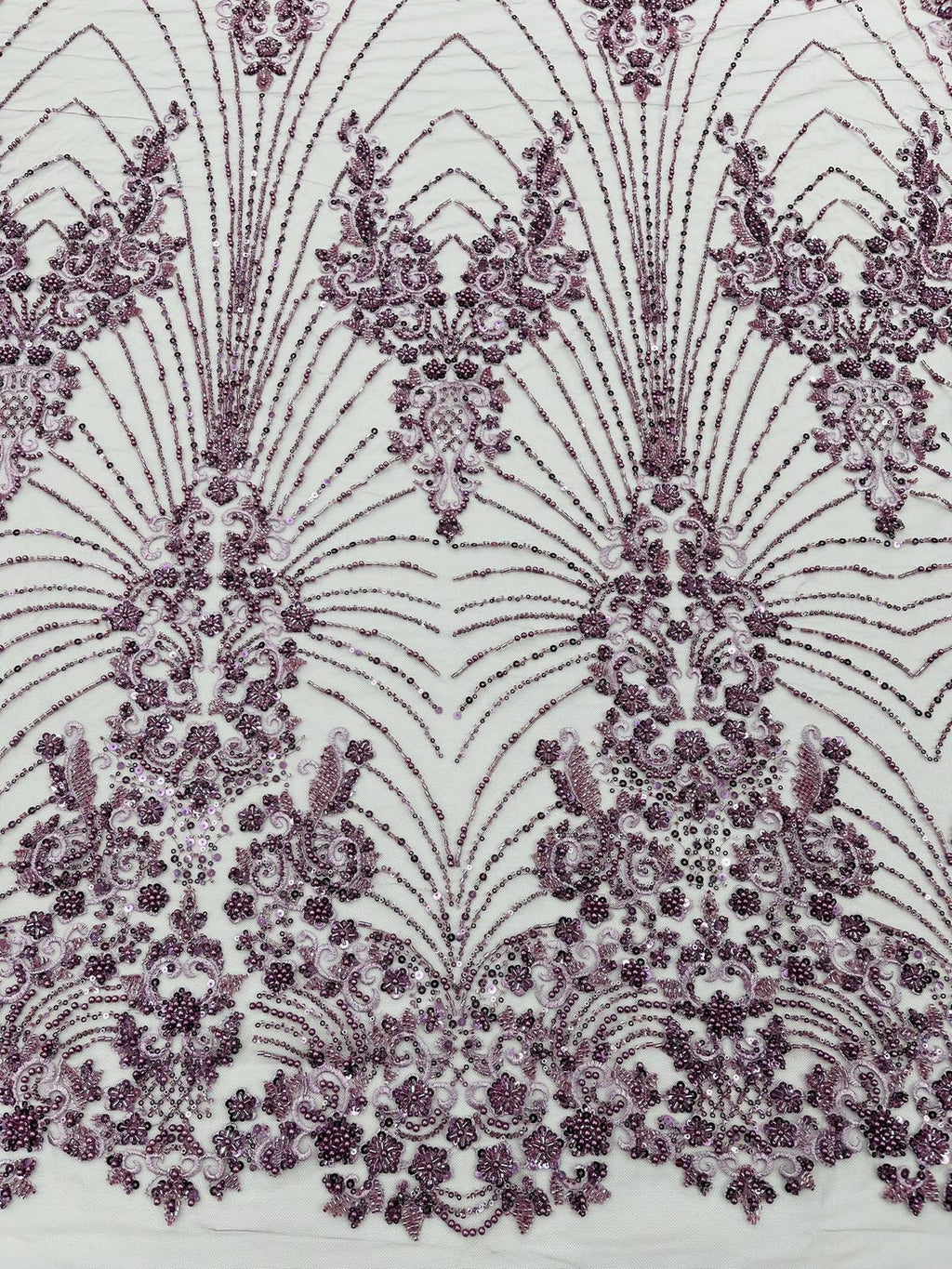 DAMASK  - DK LILAC - Designs Embroider with Sequins and Heavy Beaded on a Mesh Lace Fabric - Sold By The Yard
