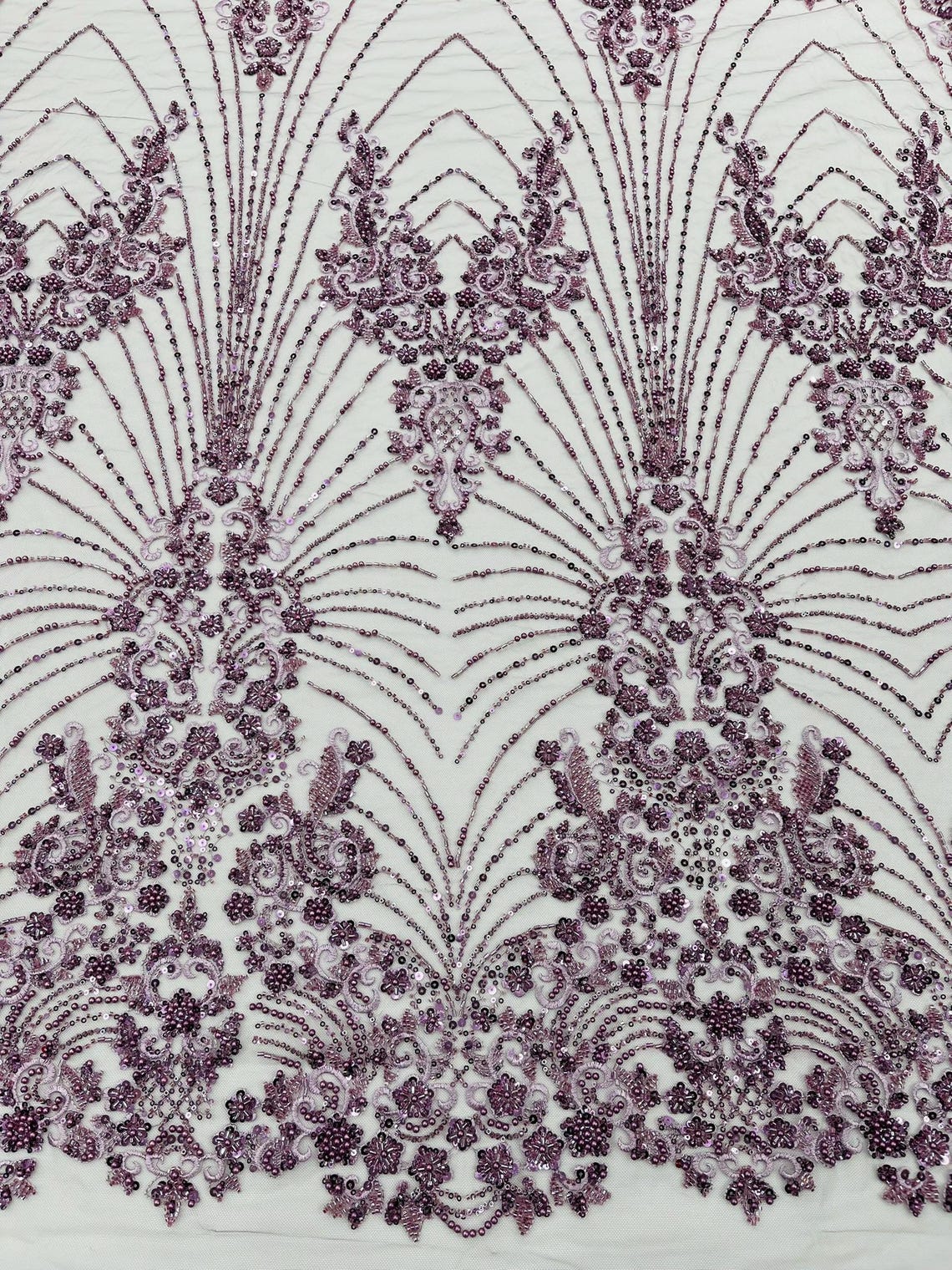DAMASK  - DK LILAC - Designs Embroider with Sequins and Heavy Beaded on a Mesh Lace Fabric - Sold By The Yard