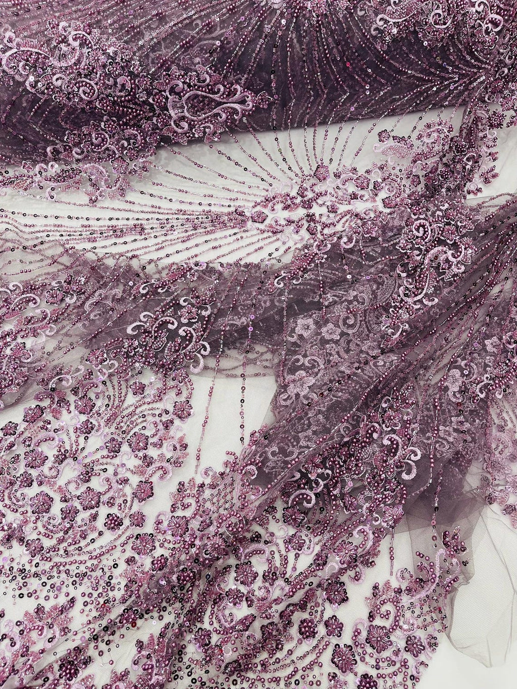DAMASK  - DK LILAC - Designs Embroider with Sequins and Heavy Beaded on a Mesh Lace Fabric - Sold By The Yard