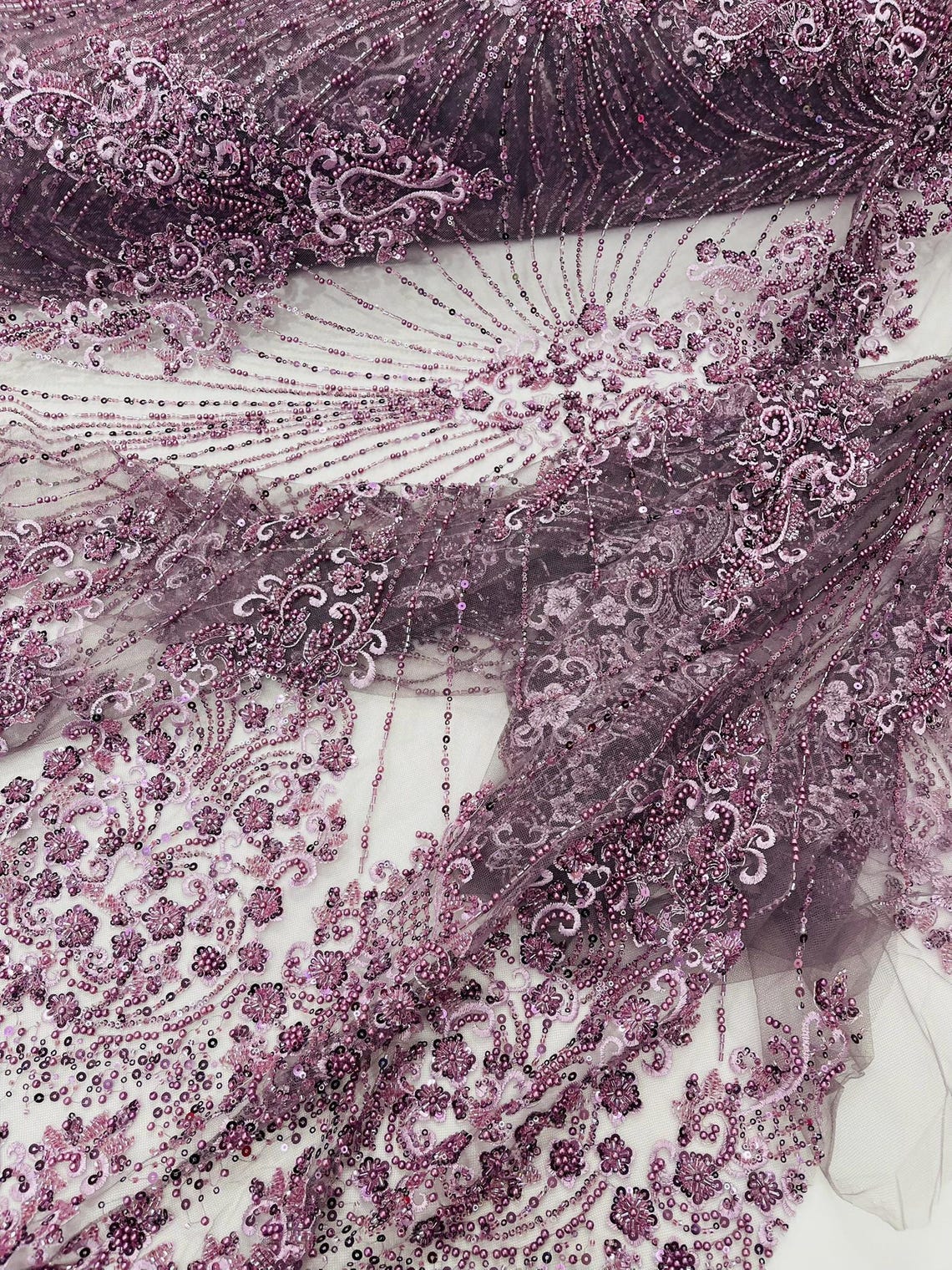 DAMASK  - DK LILAC - Designs Embroider with Sequins and Heavy Beaded on a Mesh Lace Fabric - Sold By The Yard