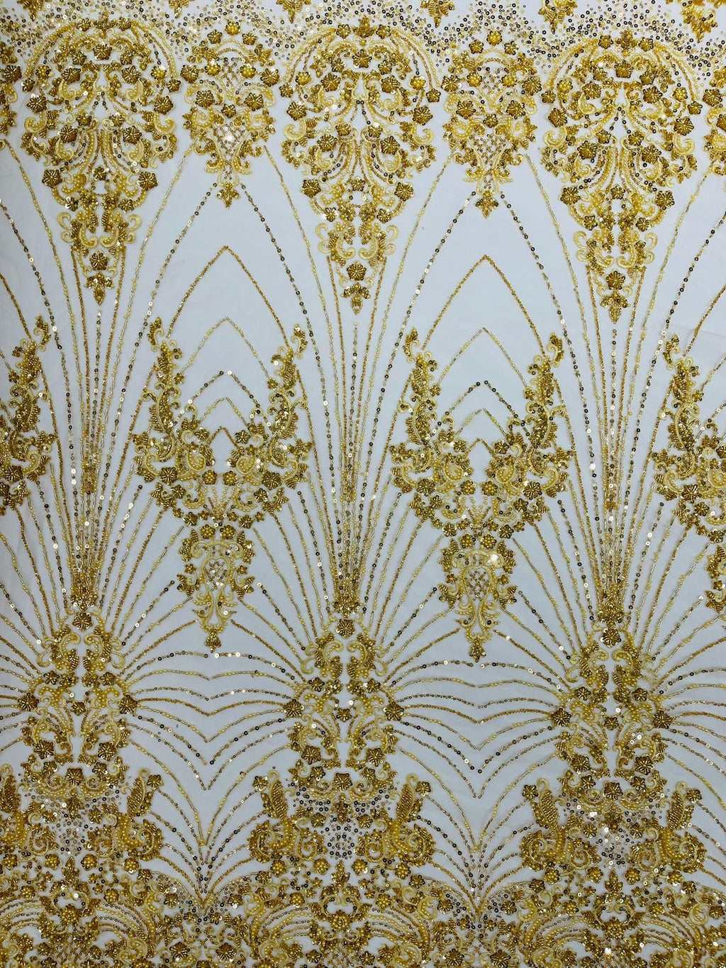 DAMASK  - GOLD - Designs Embroider with Sequins and Heavy Beaded on a Mesh Lace Fabric - Sold By The Yard