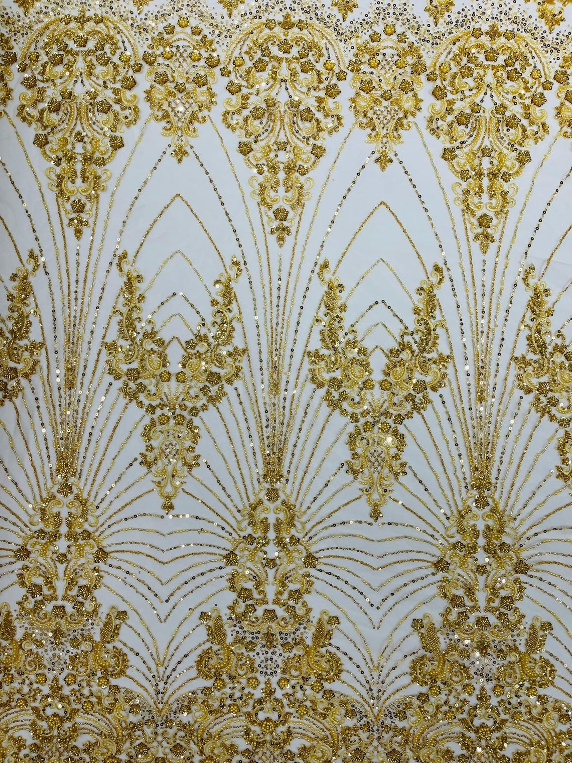 DAMASK  - GOLD - Designs Embroider with Sequins and Heavy Beaded on a Mesh Lace Fabric - Sold By The Yard