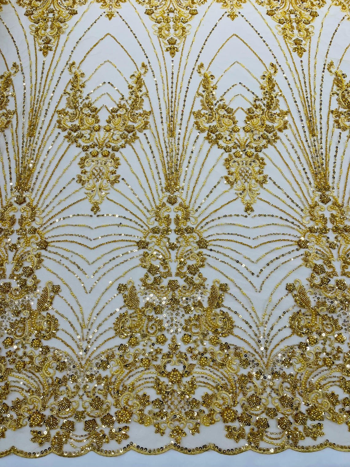 DAMASK  - GOLD - Designs Embroider with Sequins and Heavy Beaded on a Mesh Lace Fabric - Sold By The Yard