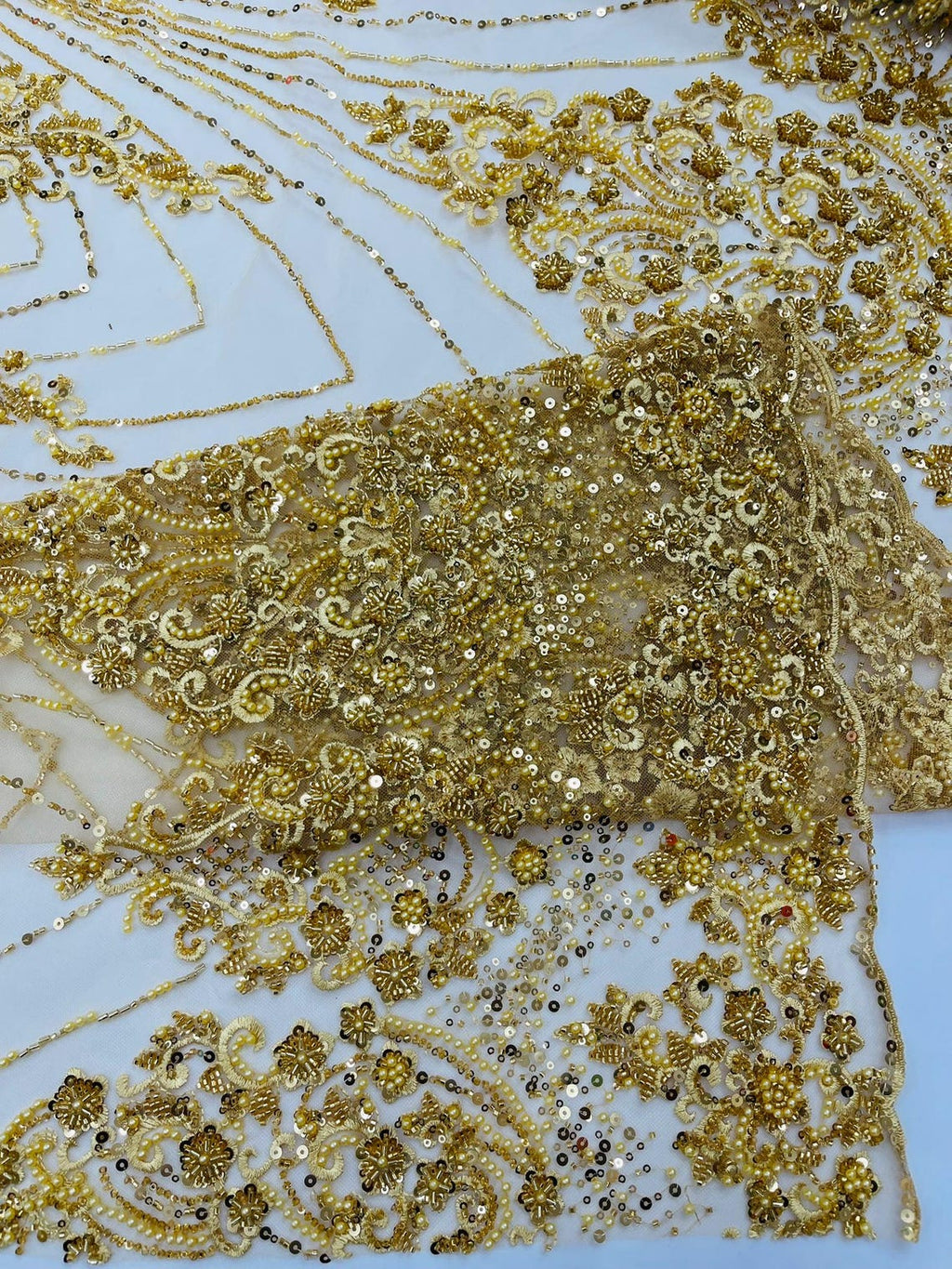 DAMASK  - GOLD - Designs Embroider with Sequins and Heavy Beaded on a Mesh Lace Fabric - Sold By The Yard