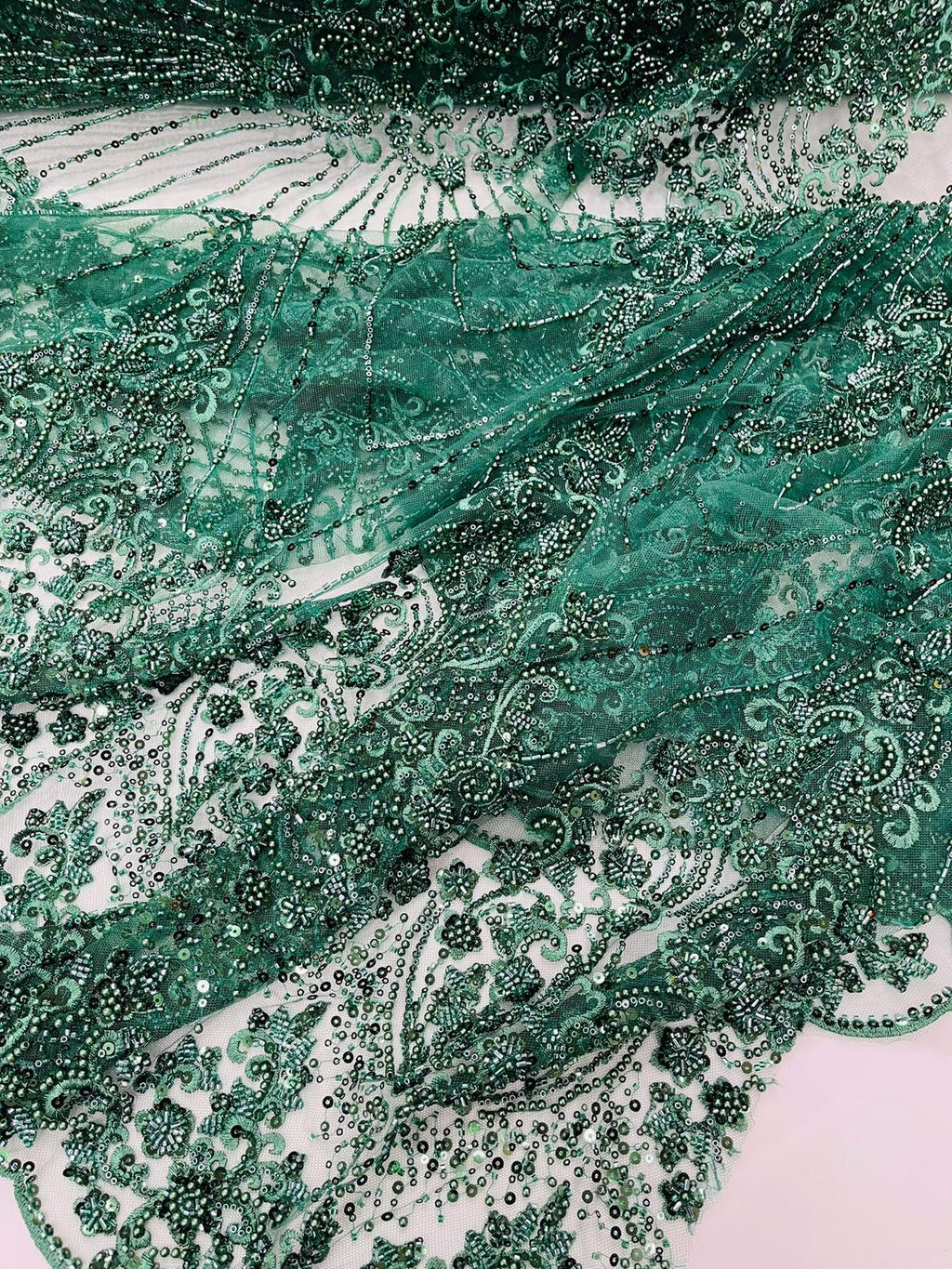 DAMASK  - HUNTER - Designs Embroider with Sequins and Heavy Beaded on a Mesh Lace Fabric - Sold By The Yard