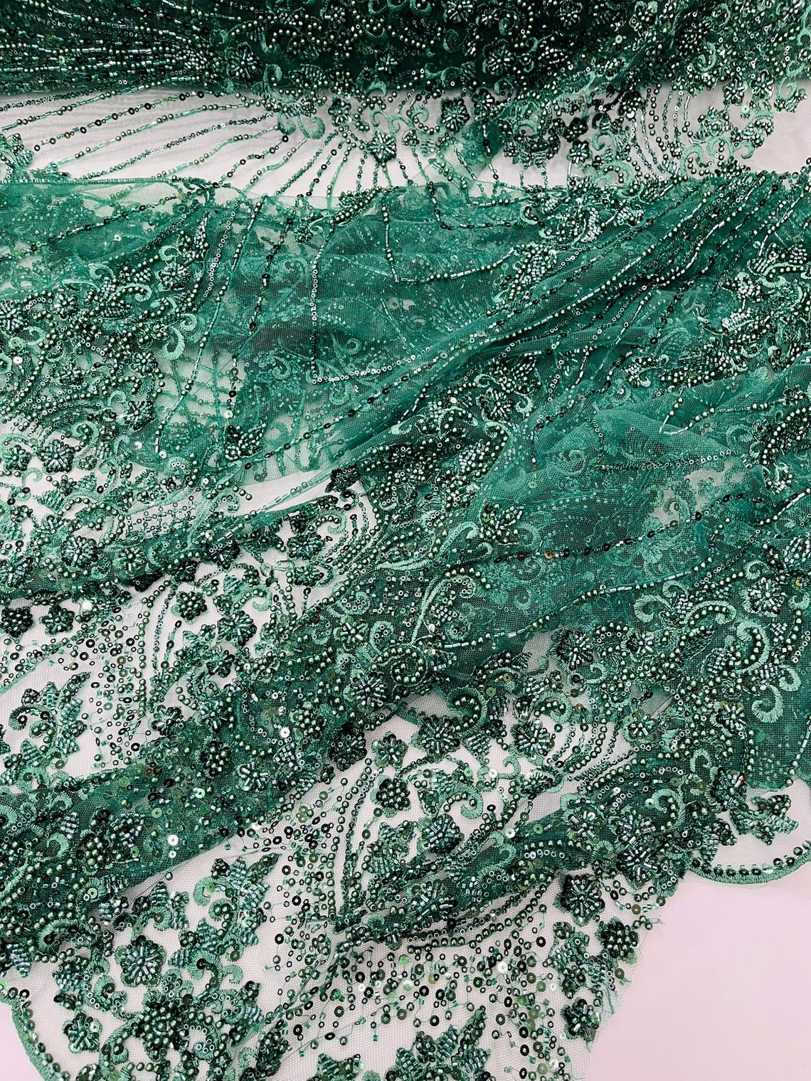 DAMASK  - HUNTER - Designs Embroider with Sequins and Heavy Beaded on a Mesh Lace Fabric - Sold By The Yard
