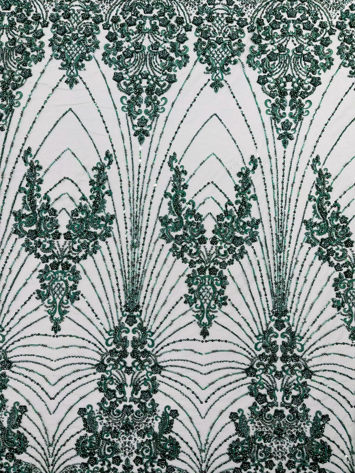 DAMASK  - HUNTER - Designs Embroider with Sequins and Heavy Beaded on a Mesh Lace Fabric - Sold By The Yard