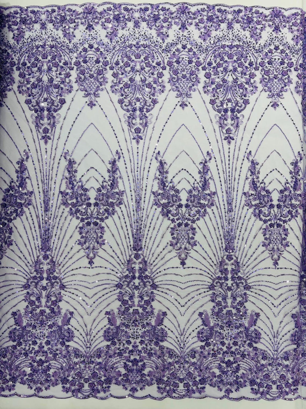DAMASK  - LAVENDER - Designs Embroider with Sequins and Heavy Beaded on a Mesh Lace Fabric - Sold By The Yard