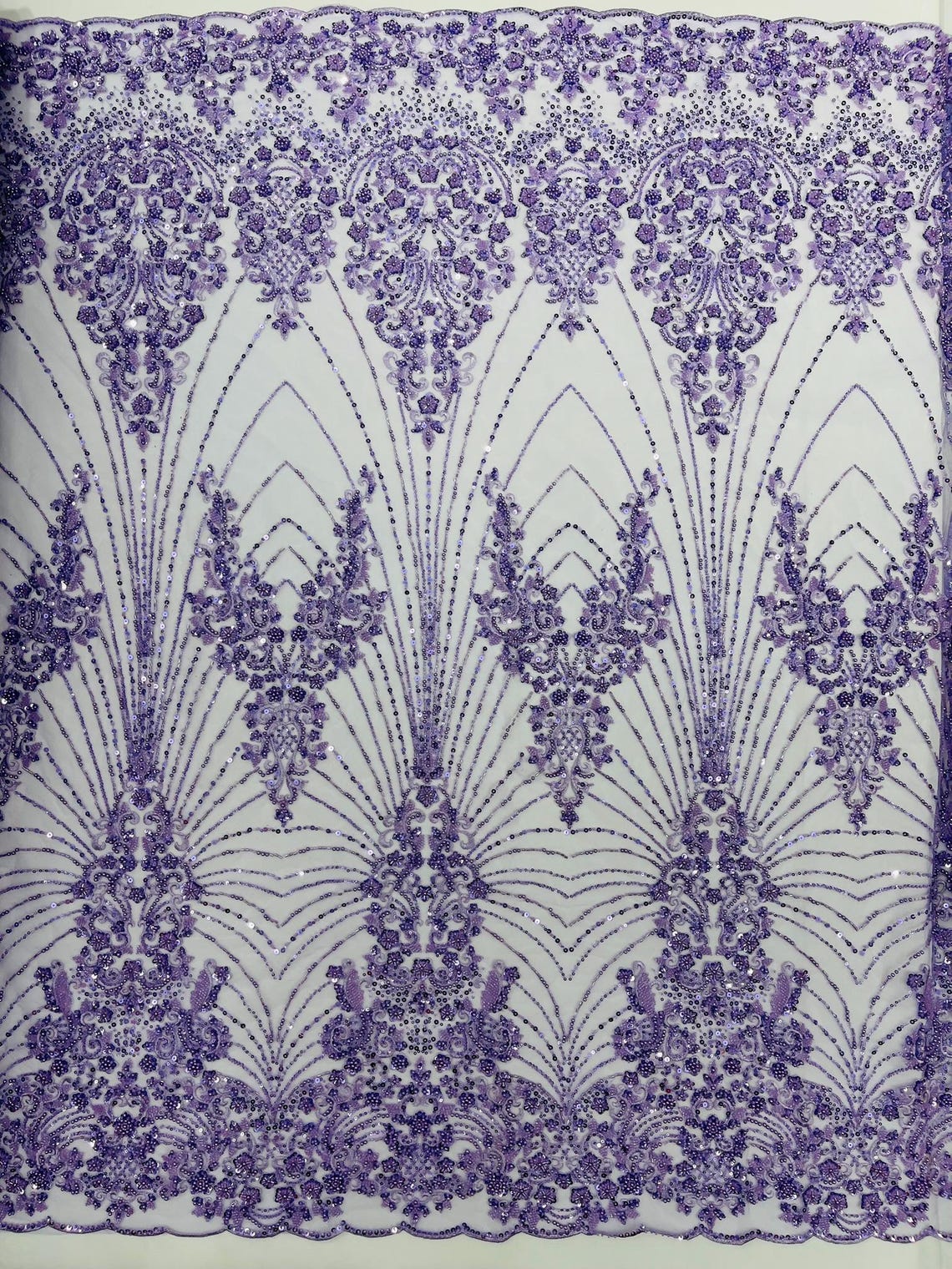 DAMASK  - LAVENDER - Designs Embroider with Sequins and Heavy Beaded on a Mesh Lace Fabric - Sold By The Yard