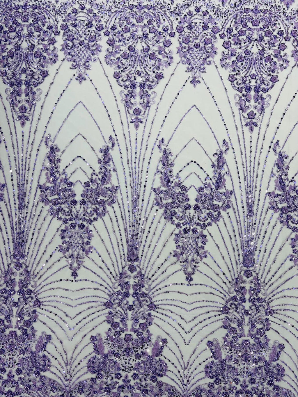 DAMASK  - LAVENDER - Designs Embroider with Sequins and Heavy Beaded on a Mesh Lace Fabric - Sold By The Yard