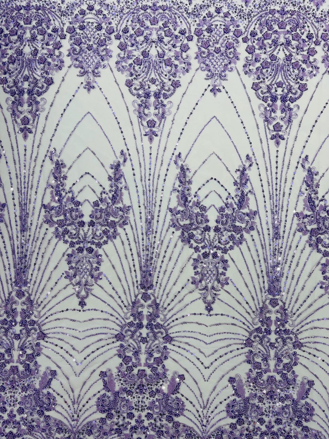DAMASK  - LAVENDER - Designs Embroider with Sequins and Heavy Beaded on a Mesh Lace Fabric - Sold By The Yard