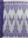 DAMASK  - LAVENDER - Designs Embroider with Sequins and Heavy Beaded on a Mesh Lace Fabric - Sold By The Yard