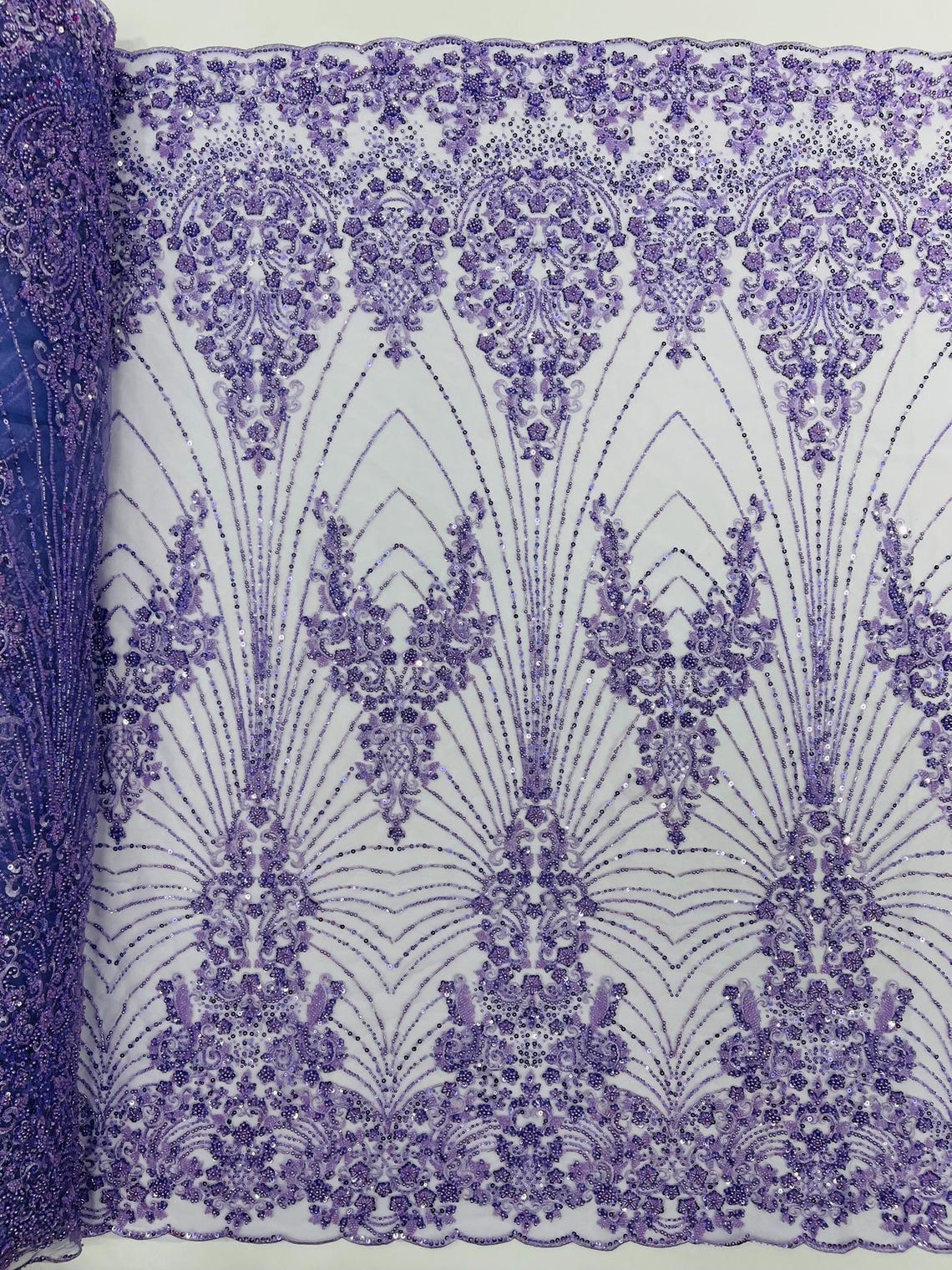 DAMASK  - LAVENDER - Designs Embroider with Sequins and Heavy Beaded on a Mesh Lace Fabric - Sold By The Yard