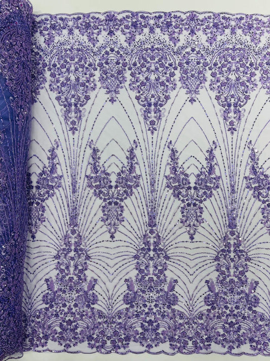 DAMASK  - LAVENDER - Designs Embroider with Sequins and Heavy Beaded on a Mesh Lace Fabric - Sold By The Yard