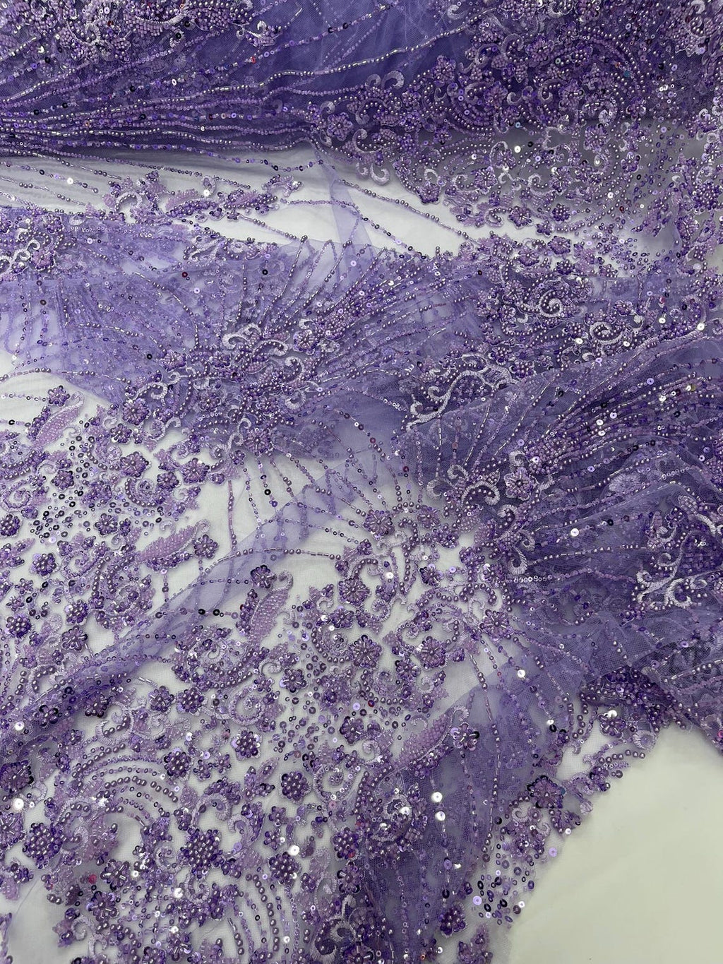 DAMASK  - LAVENDER - Designs Embroider with Sequins and Heavy Beaded on a Mesh Lace Fabric - Sold By The Yard