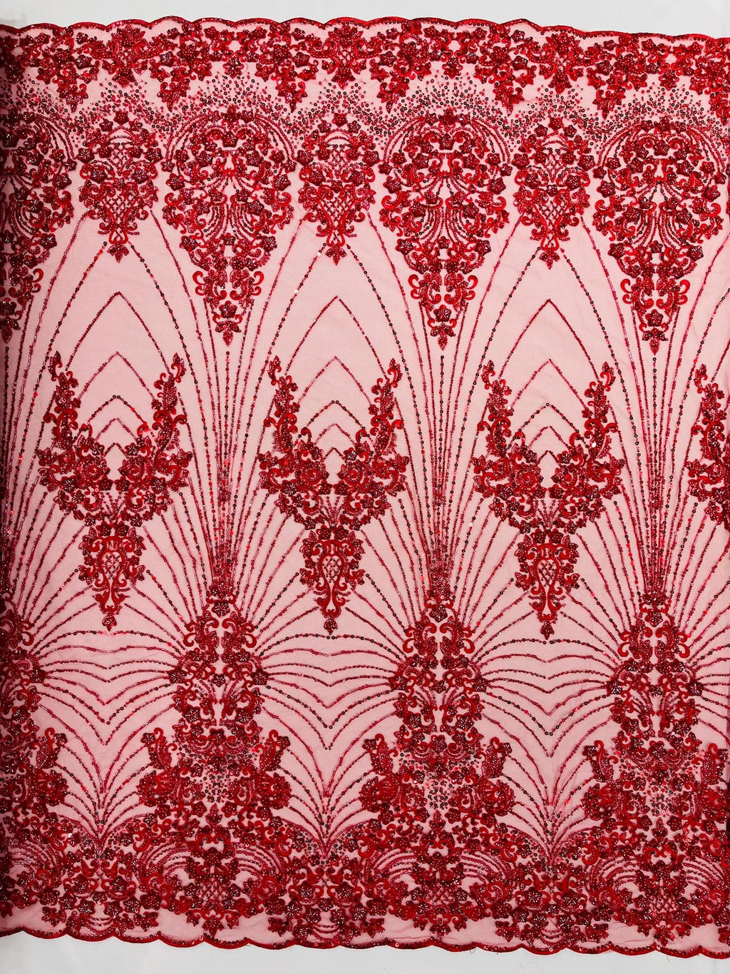 DAMASK  - RED - Designs Embroider with Sequins and Heavy Beaded on a Mesh Lace Fabric - Sold By The Yard