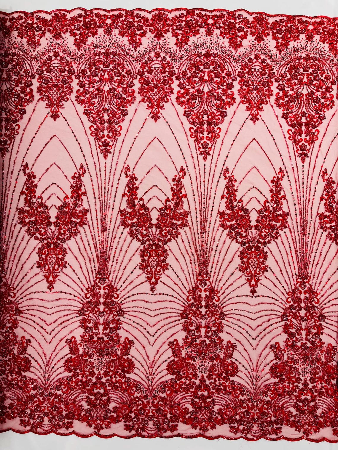 DAMASK  - RED - Designs Embroider with Sequins and Heavy Beaded on a Mesh Lace Fabric - Sold By The Yard
