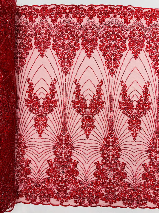 DAMASK  - RED - Designs Embroider with Sequins and Heavy Beaded on a Mesh Lace Fabric - Sold By The Yard