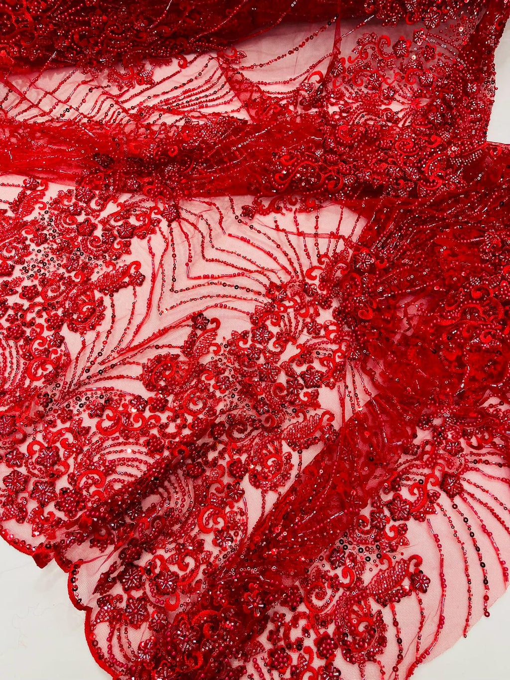 DAMASK  - RED - Designs Embroider with Sequins and Heavy Beaded on a Mesh Lace Fabric - Sold By The Yard