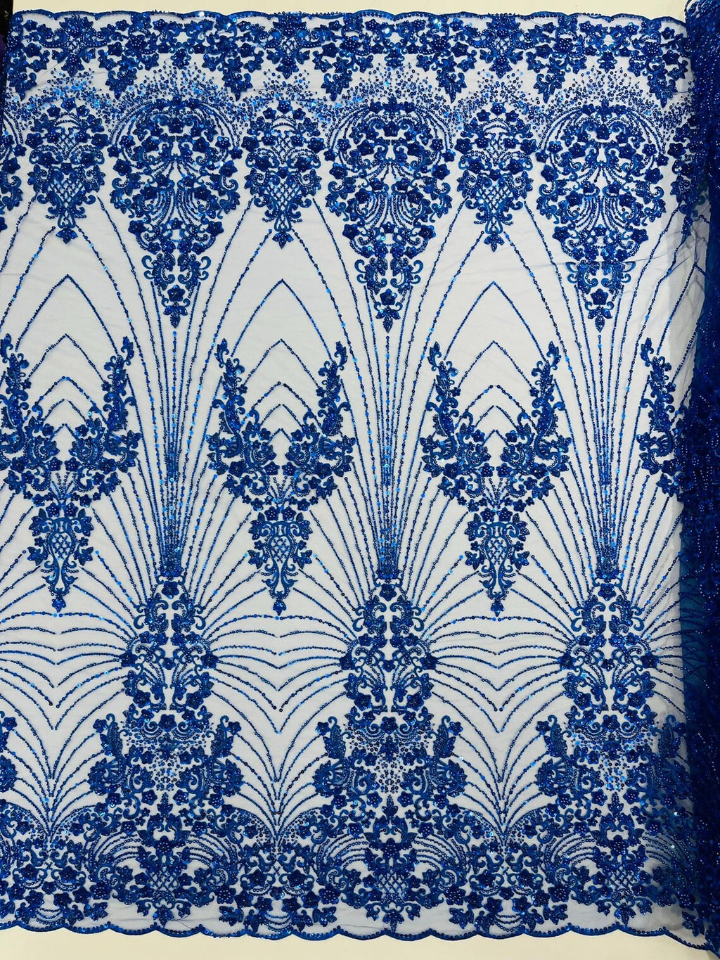 DAMASK  - ROYAL - Designs Embroider with Sequins and Heavy Beaded on a Mesh Lace Fabric - Sold By The Yard