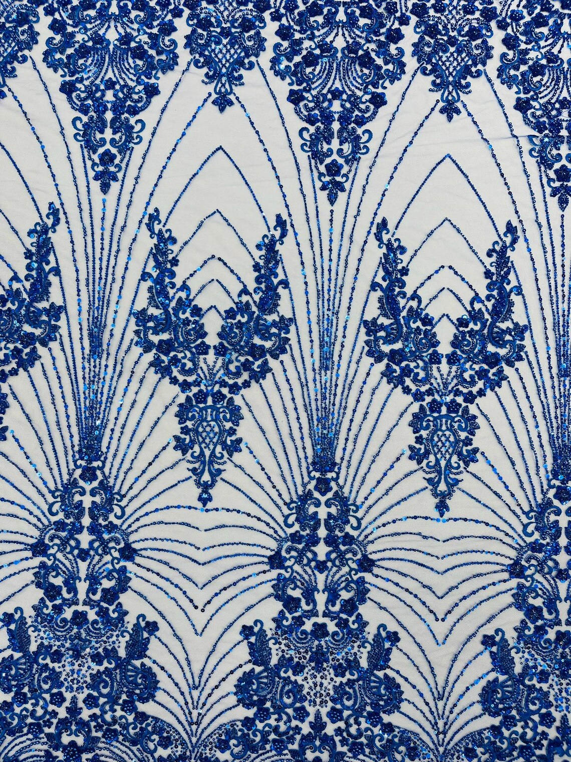 DAMASK  - ROYAL - Designs Embroider with Sequins and Heavy Beaded on a Mesh Lace Fabric - Sold By The Yard
