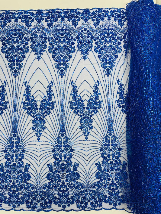 DAMASK  - ROYAL - Designs Embroider with Sequins and Heavy Beaded on a Mesh Lace Fabric - Sold By The Yard