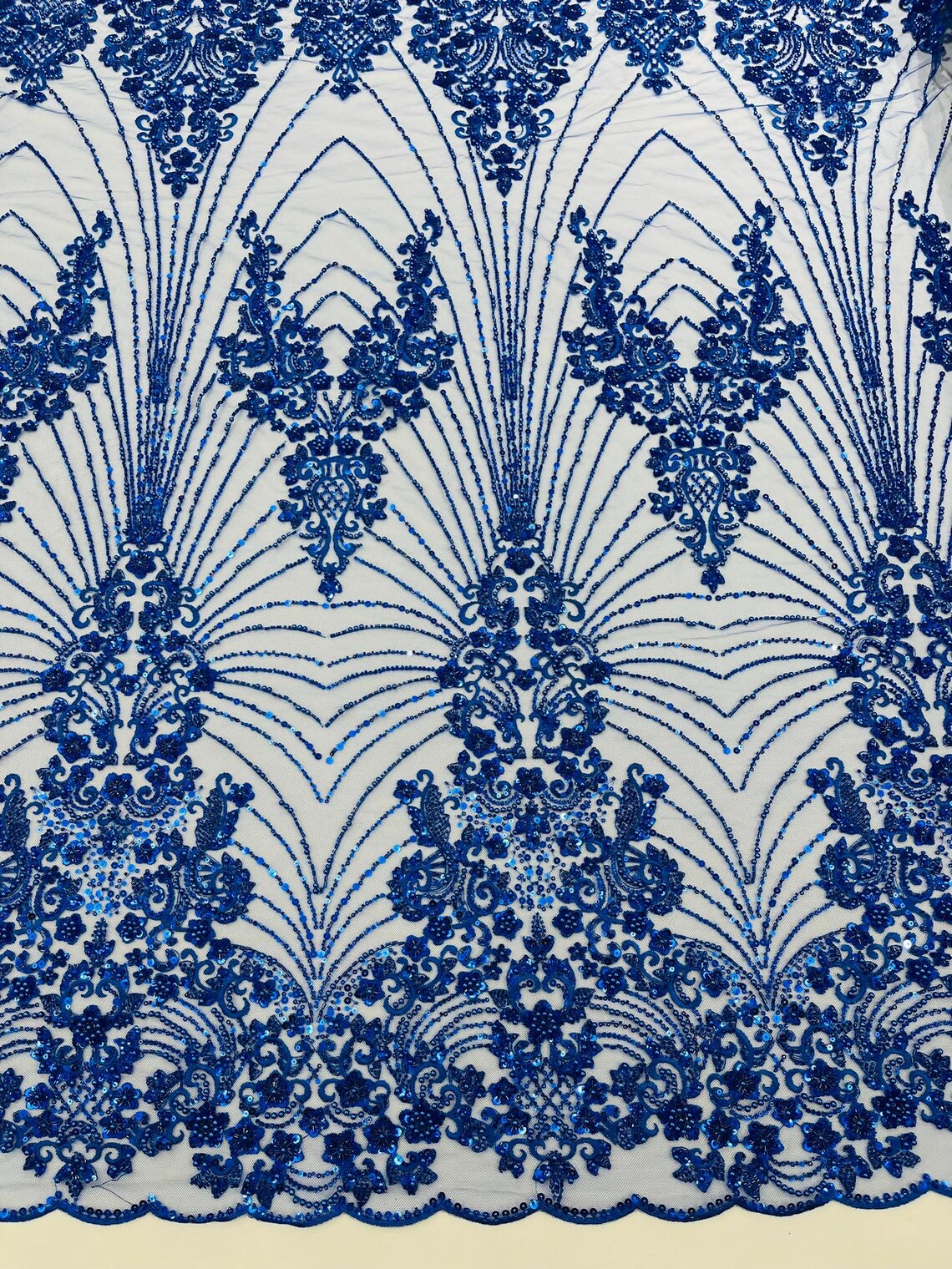 DAMASK  - ROYAL - Designs Embroider with Sequins and Heavy Beaded on a Mesh Lace Fabric - Sold By The Yard