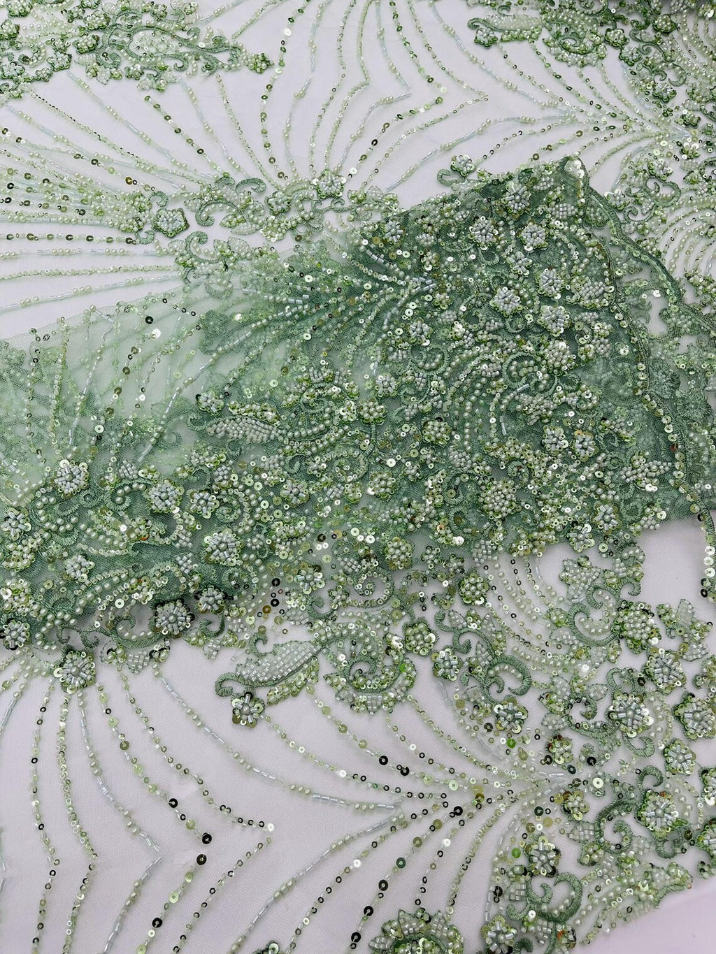 DAMASK  - SAGE - Designs Embroider with Sequins and Heavy Beaded on a Mesh Lace Fabric - Sold By The Yard