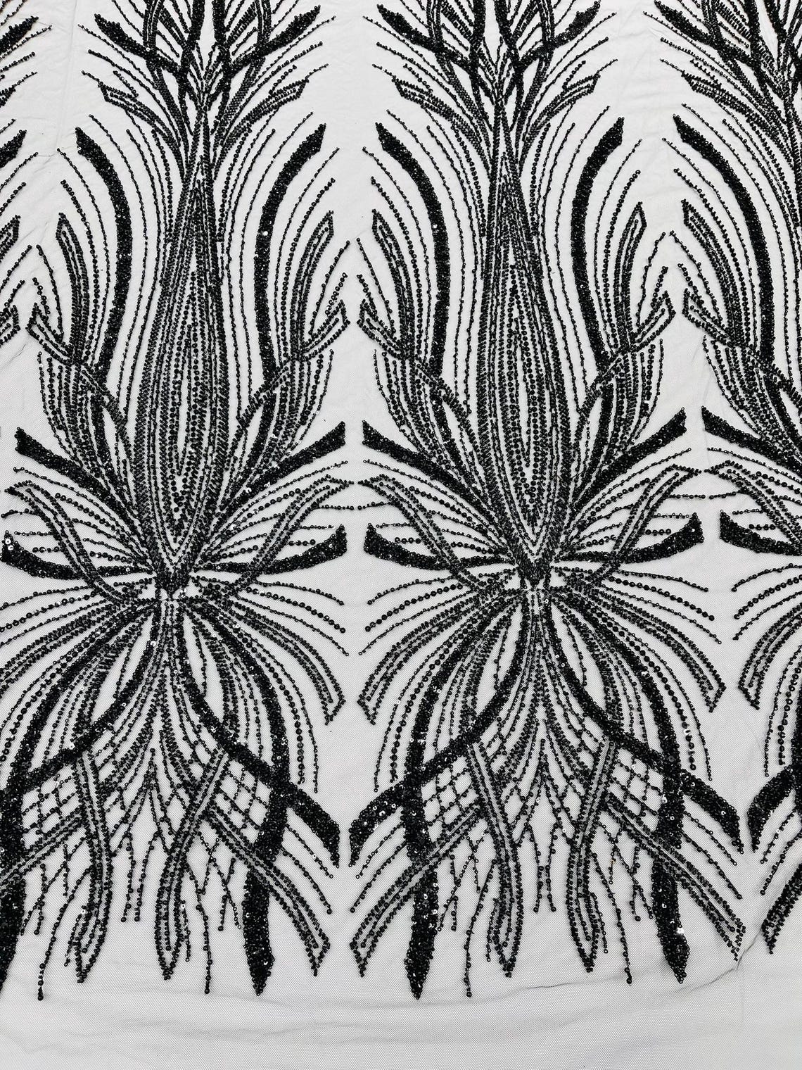 BRIDAL  - BLACK - Designs Embroider with Sequins and Heavy Beaded on a Mesh Lace Fabric - Sold By The Yard