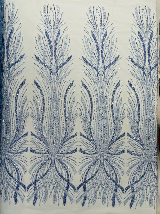 BRIDAL  - LT BLUE - Designs Embroider with Sequins and Heavy Beaded on a Mesh Lace Fabric - Sold By The Yard