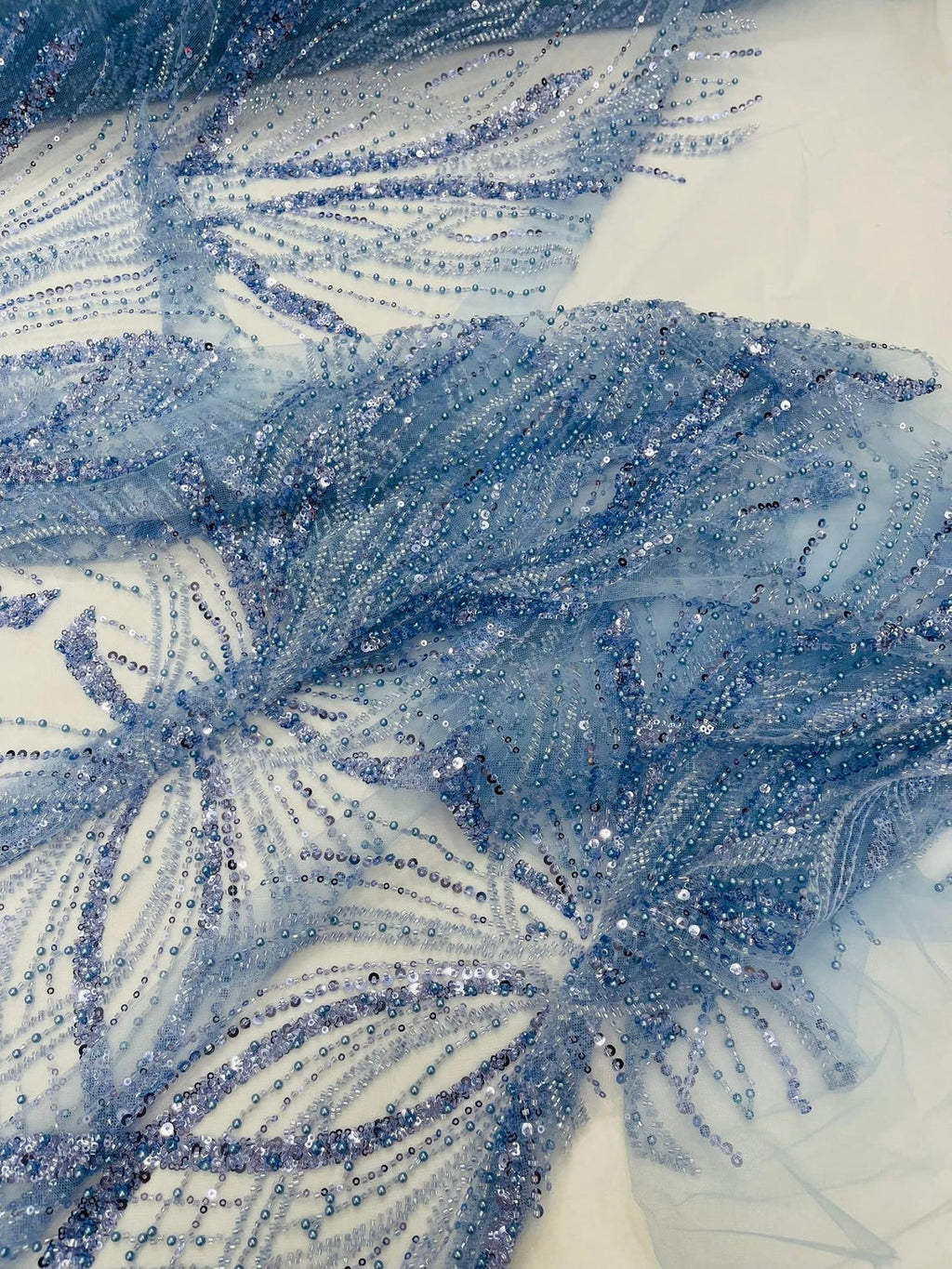 BRIDAL  - LT BLUE - Designs Embroider with Sequins and Heavy Beaded on a Mesh Lace Fabric - Sold By The Yard